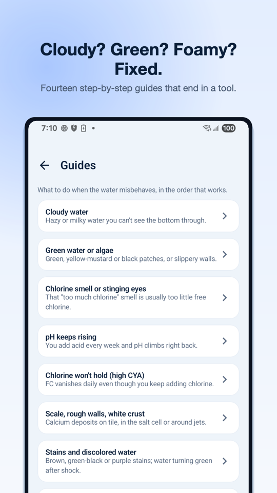 Troubleshooting guides list: cloudy water, green water or algae, chlorine smell or stinging eyes, pH keeps rising, chlorine won't hold, scale, and stains