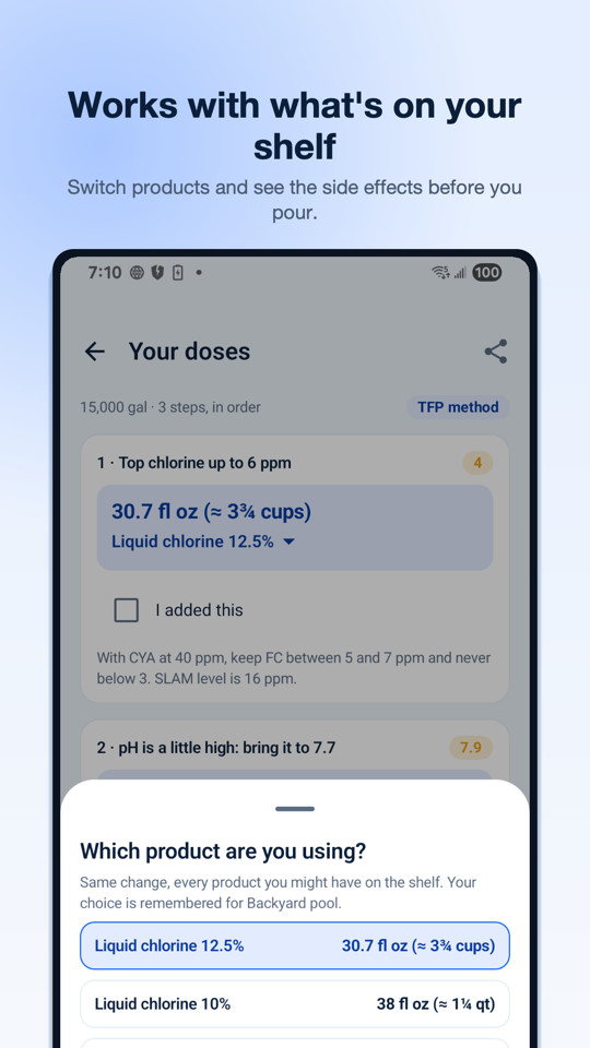Product picker asking which product you are using, comparing the same chlorine change as 30.7 fl oz of 12.5% liquid chlorine or 38 fl oz of 10% liquid chlorine